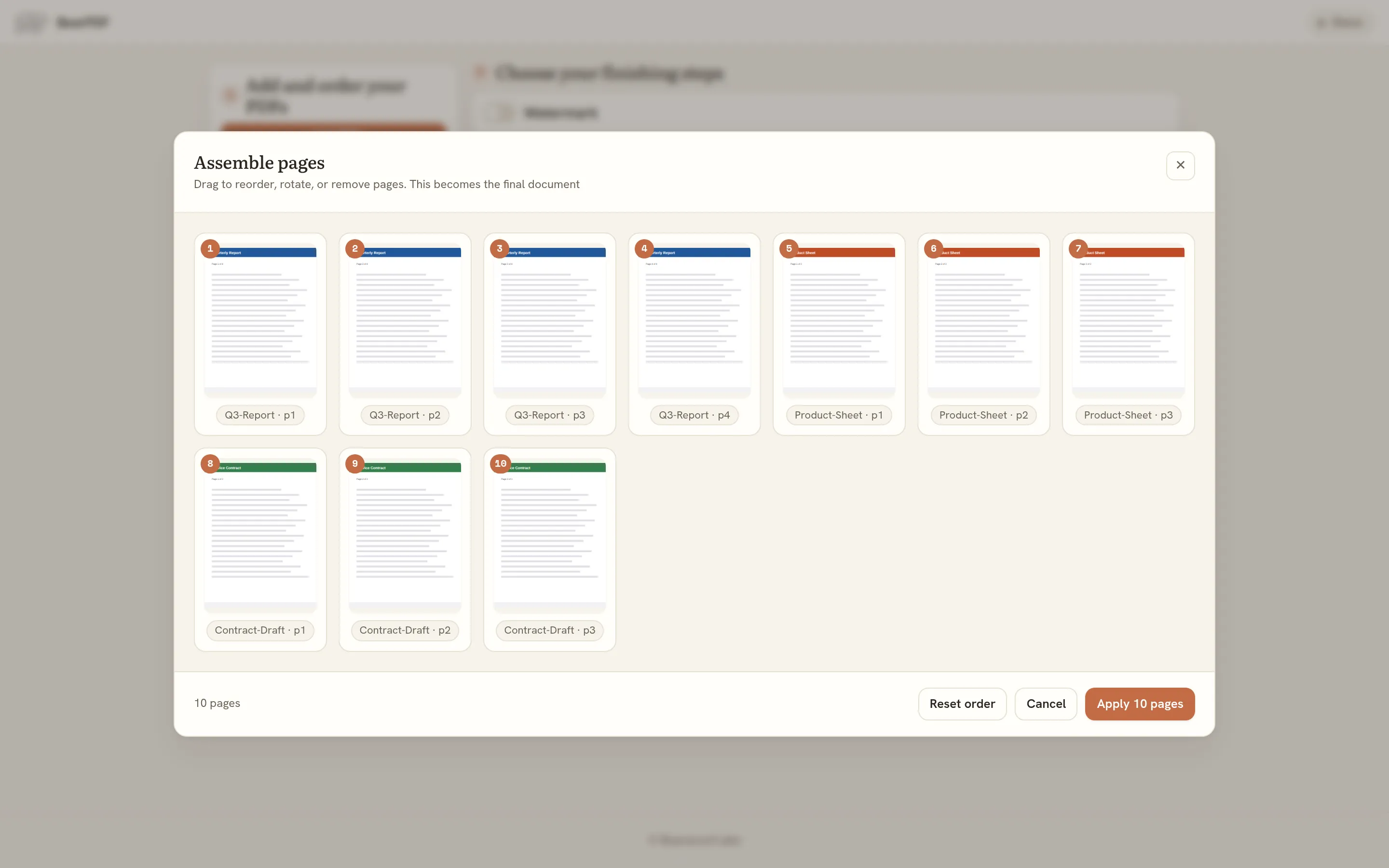 BearPDF page assembly grid, showing thumbnails you can drag to reorder, rotate, or remove