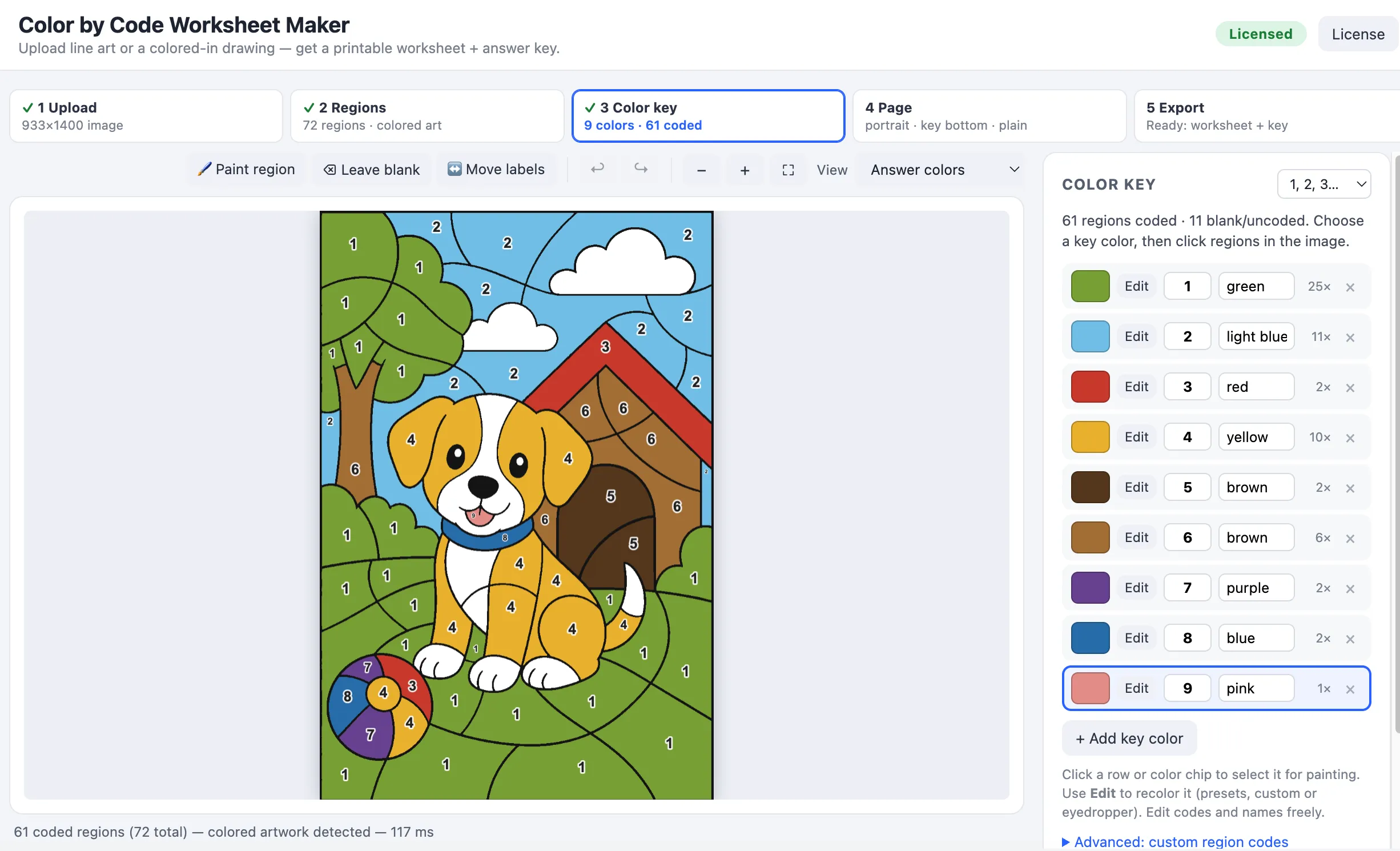 Color by Number Worksheet Maker showing a worksheet page and color key settings