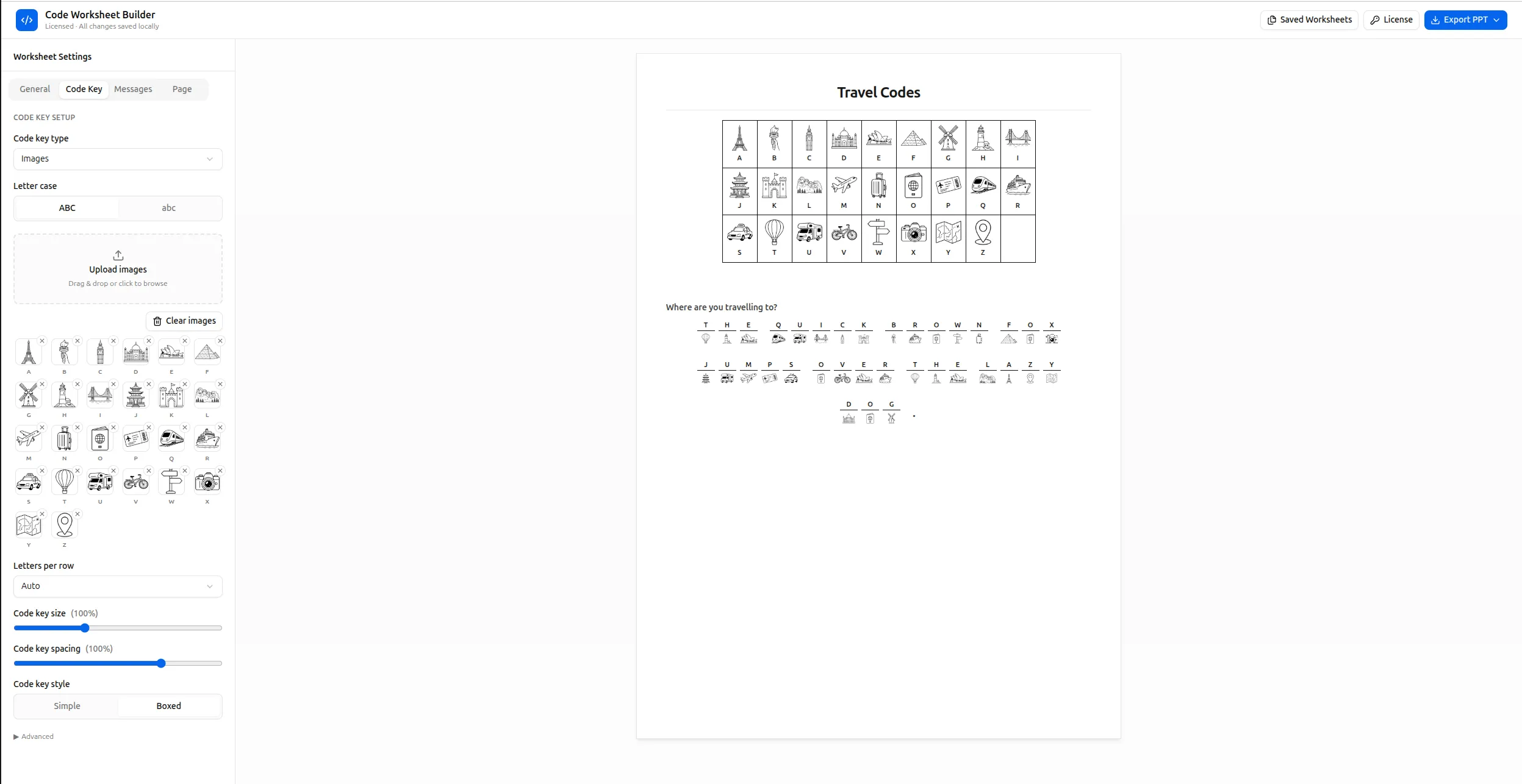 Crack the Code Worksheet Builder showing the code key settings and worksheet preview