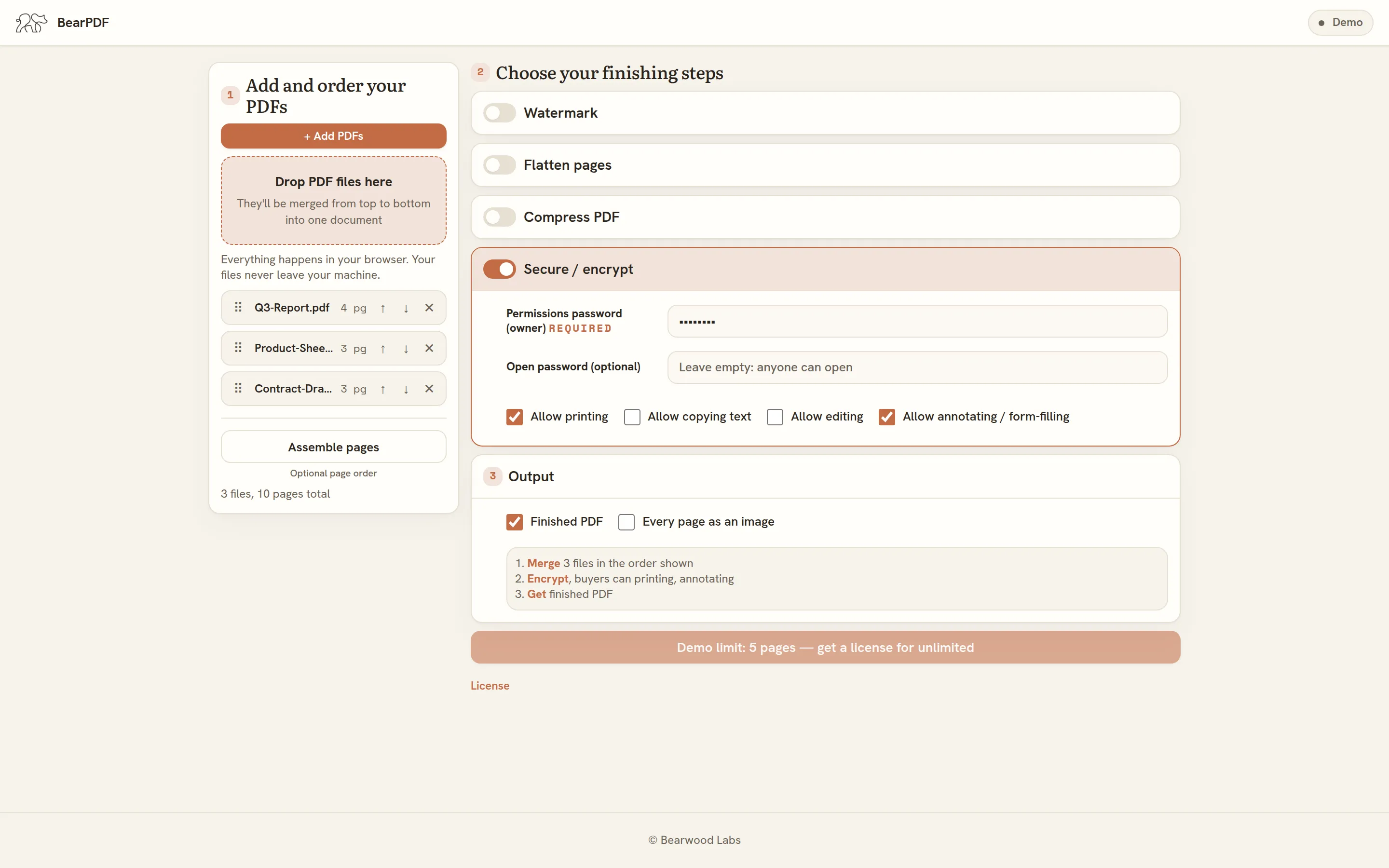 BearPDF encryption settings with owner password, open password, and permission checkboxes for printing, copying, editing and annotating