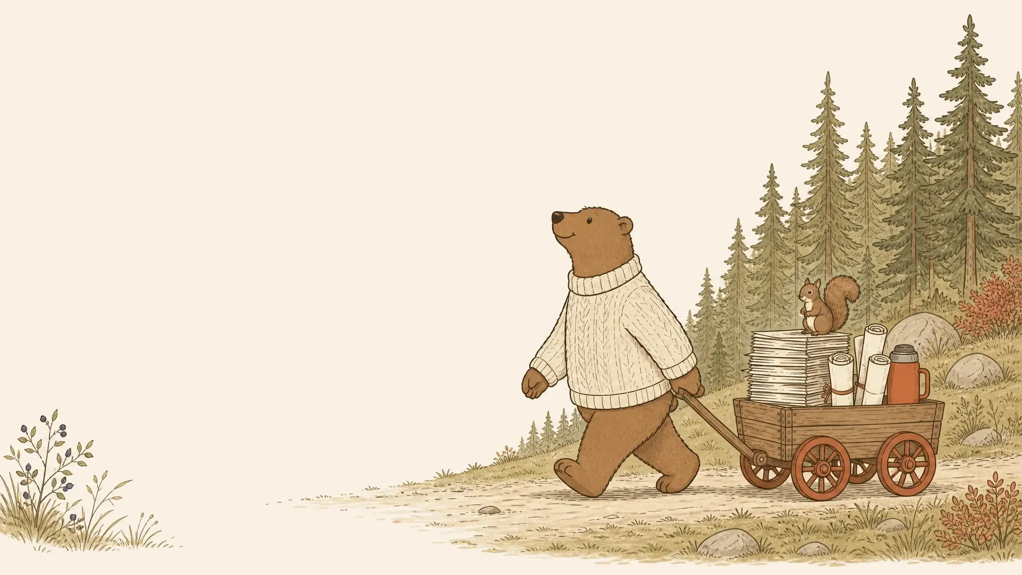 Illustration of a brown bear in a knitted sweater pulling a wooden handcart out of a pine forest, the cart piled with worksheets, rolled charts and a thermos, a squirrel perched on top of the pile