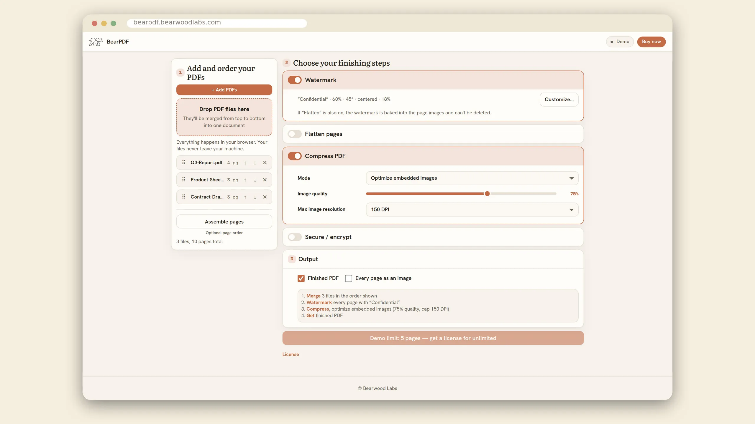 BearPDF showing the merge, watermark, flatten, compress and encrypt pipeline in the browser