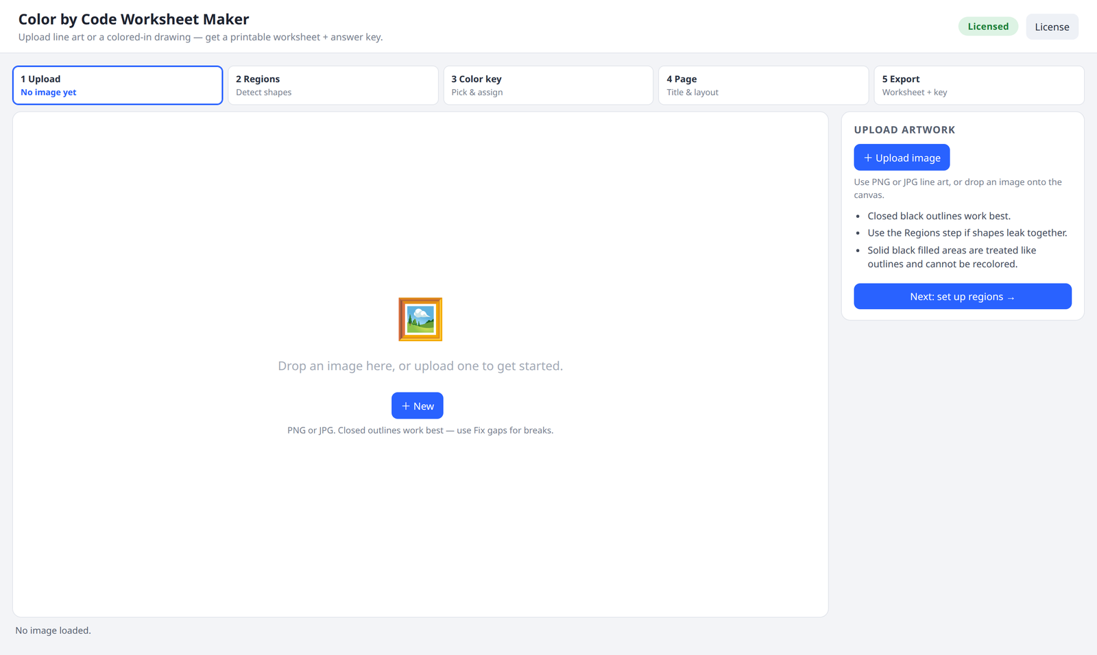 Empty Color by Code app on the Upload step