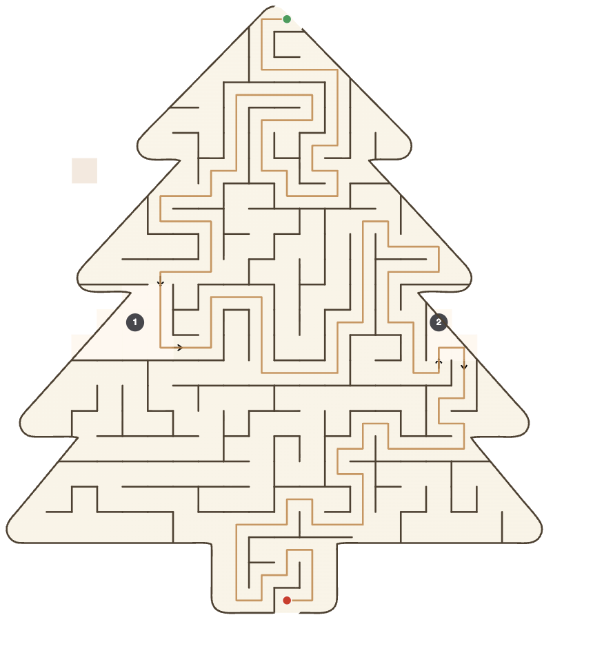 A solved maze in the shape of a Christmas tree
