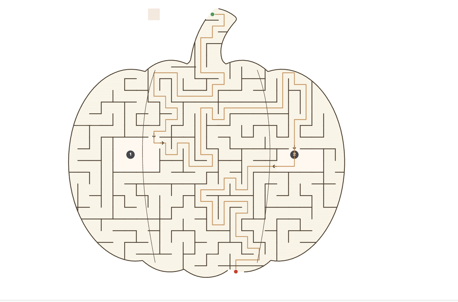 A solved maze in the shape of a pumpkin