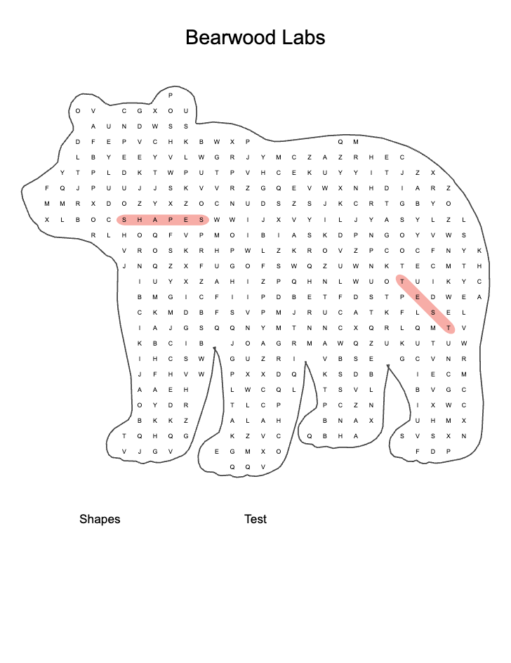 A word search puzzle in the shape of a bear