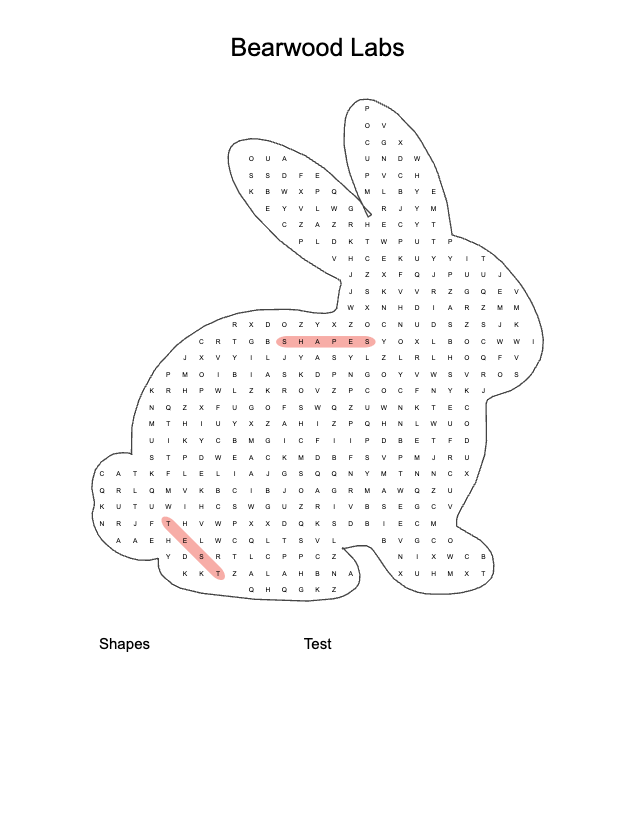 A word search puzzle in the shape of a rabbit